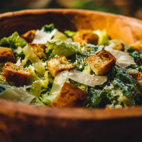 A vibrant Caesar salad topped with croutons and parmesan