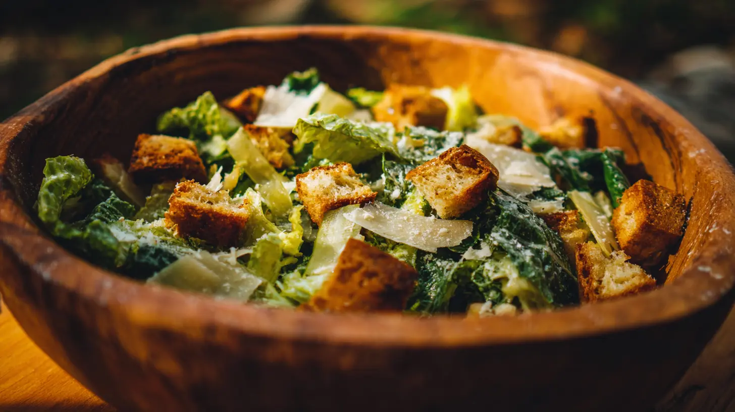A vibrant Caesar salad topped with croutons and parmesan
