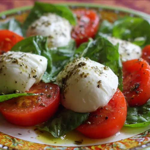 A vibrant Caprese salad featuring fresh mozzarella, ripe tomatoes, and basil leaves