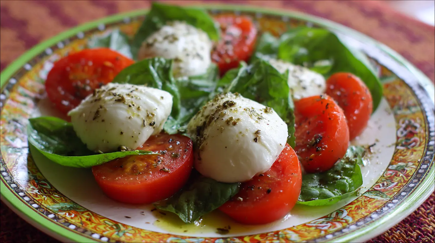 A vibrant Caprese salad featuring fresh mozzarella, ripe tomatoes, and basil leaves