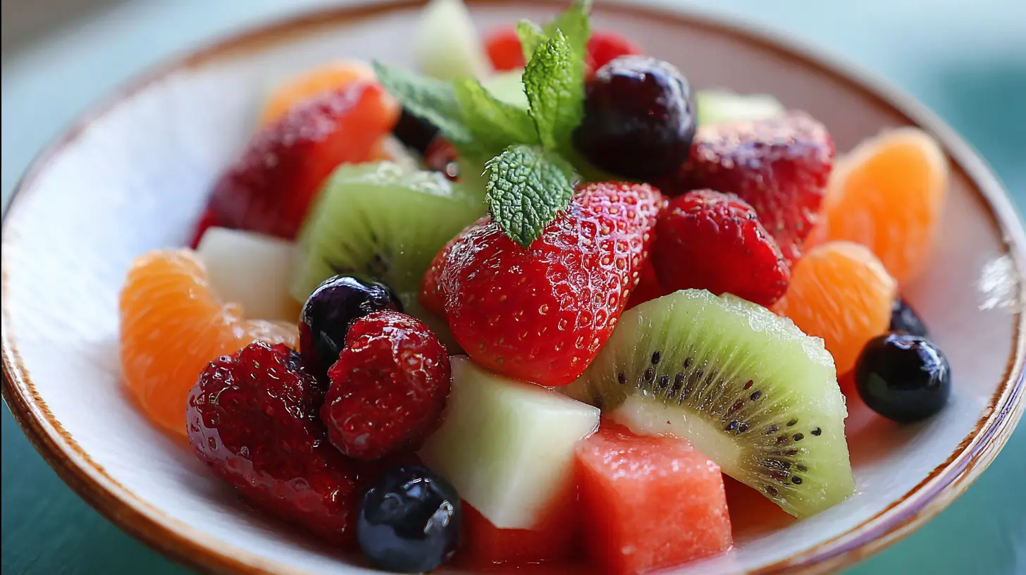 A refreshing bowl of colorful fruit salad with various fresh fruits.