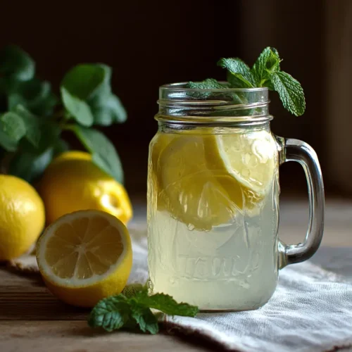 A glass of fresh lemonade with ice and lemon slices