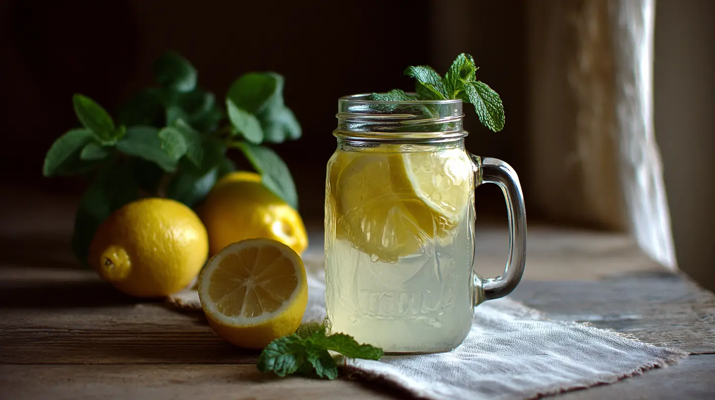 A glass of fresh lemonade with ice and lemon slices