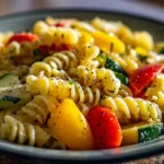 A vibrant pasta salad with fresh vegetables and herbs