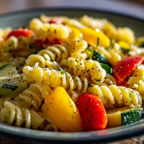 A vibrant pasta salad with fresh vegetables and herbs
