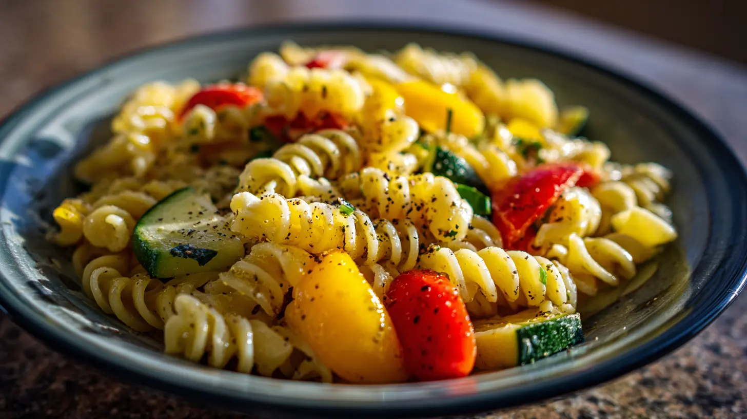 A vibrant pasta salad with fresh vegetables and herbs