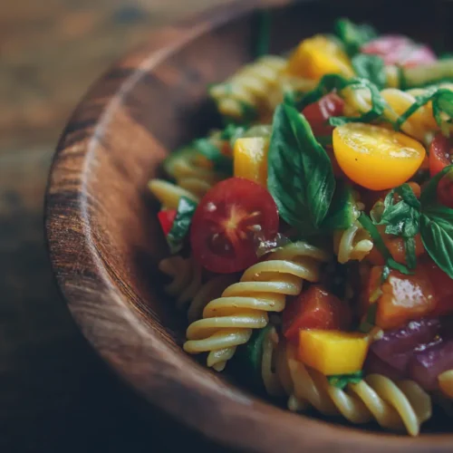 A vibrant cold pasta salad prepared with diverse vegetables and a light dressing.