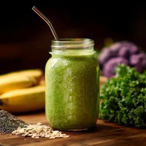 A refreshing green smoothie in a glass with a straw, garnished with mint.