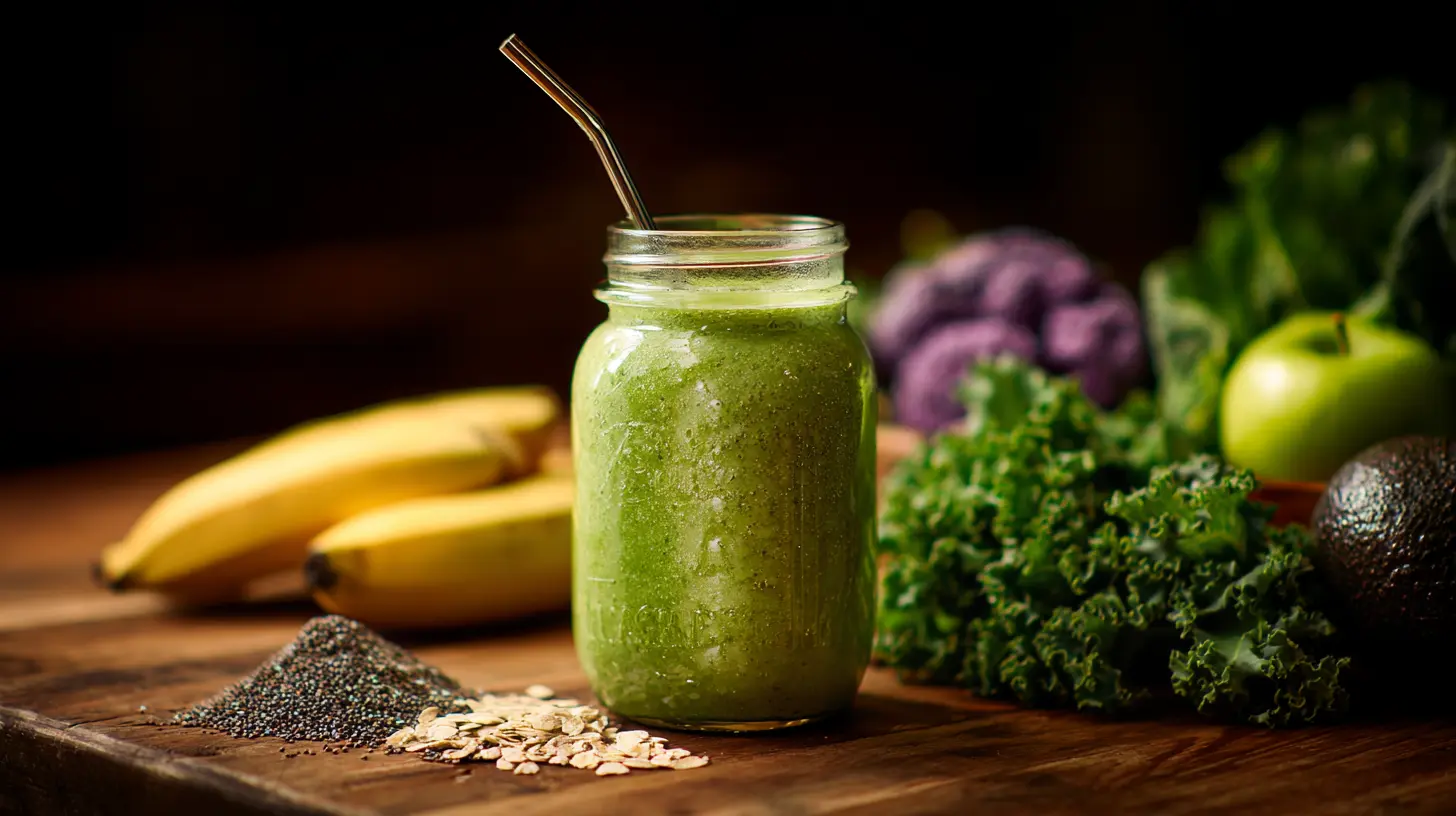 A refreshing green smoothie in a glass with a straw, garnished with mint.
