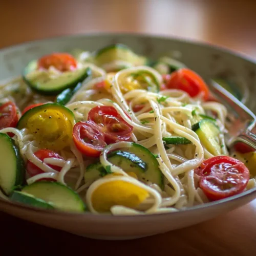 A colorful bowl of fresh summer pasta with sun-dried tomatoes and herbs