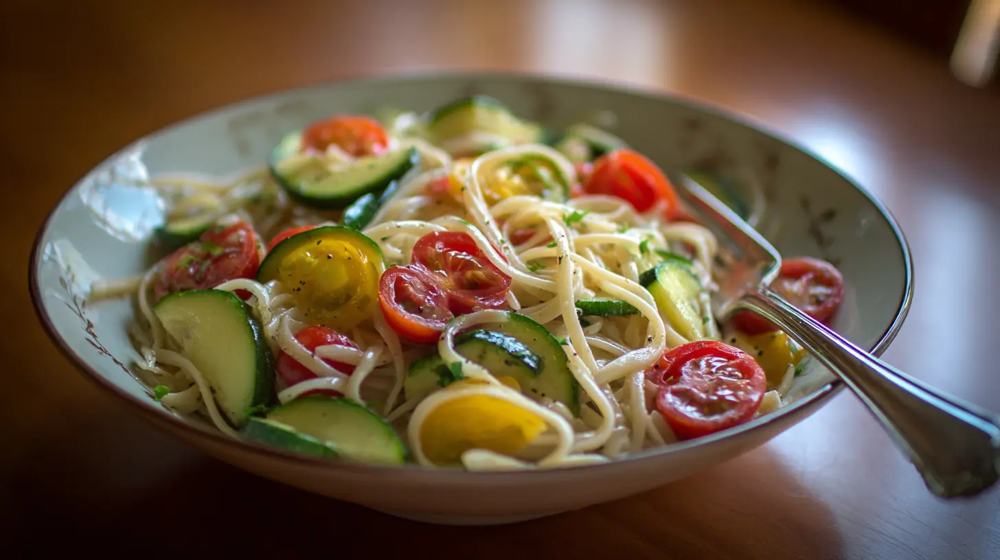 A colorful bowl of fresh summer pasta with sun-dried tomatoes and herbs