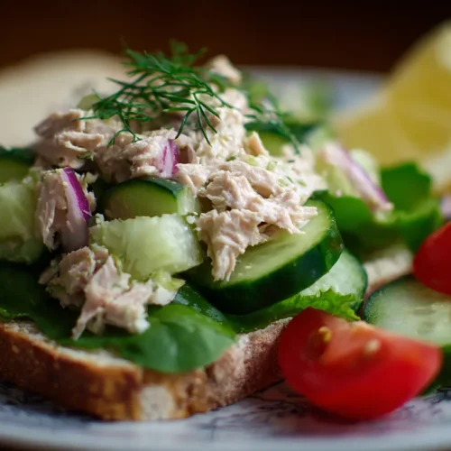 A fresh bowl of tuna salad with chopped celery and parsley