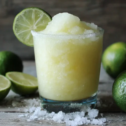 A frosty glass of frozen margarita with a lime wedge garnish