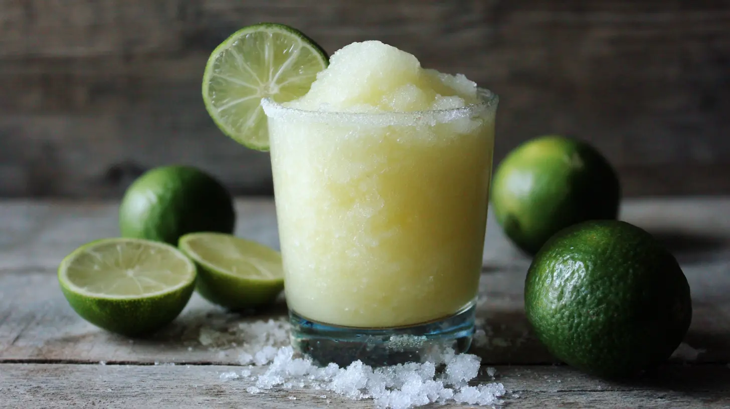 A frosty glass of frozen margarita with a lime wedge garnish