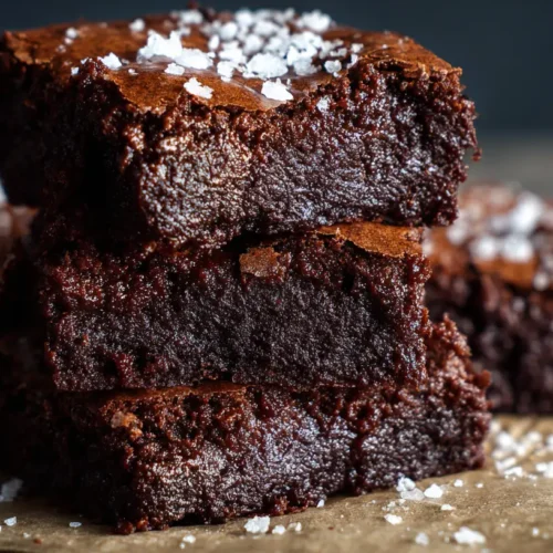 A close-up of delicious fudgy brownies with crinkly tops