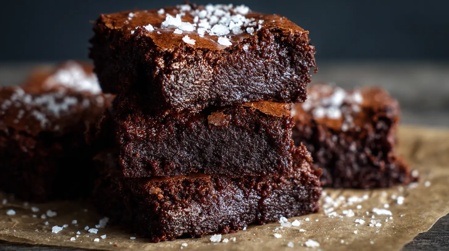 A close-up of delicious fudgy brownies with crinkly tops