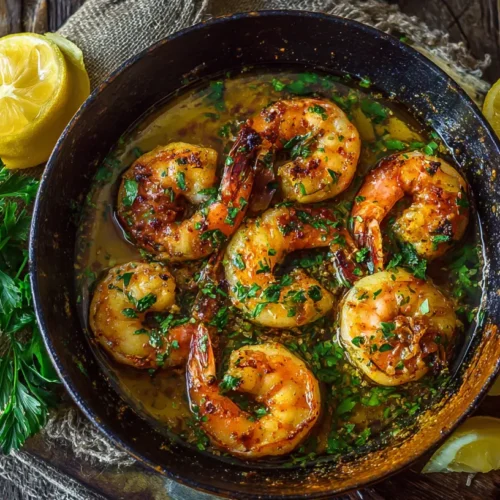 A close-up of delicious garlic butter shrimp, perfectly cooked and glistening.