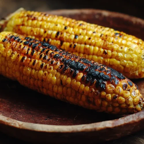 Delicious grilled corn on the cob, also known as Elote, with a creamy topping and spices.