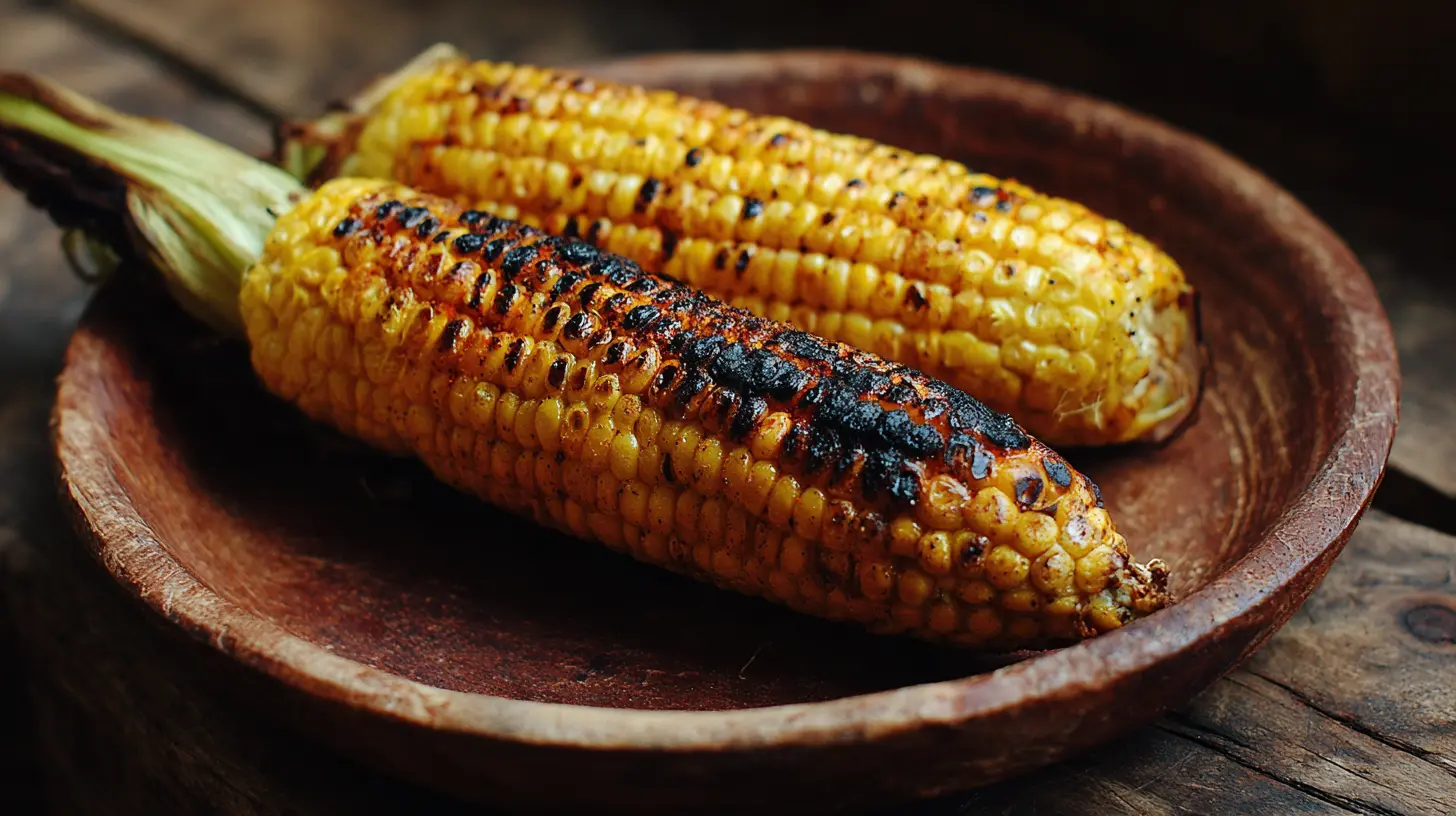 Delicious grilled corn on the cob, also known as Elote, with a creamy topping and spices.