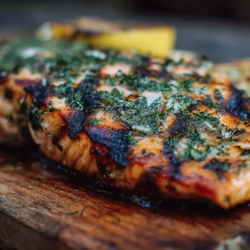 A perfectly grilled salmon fillet seasoned with lemon and herbs