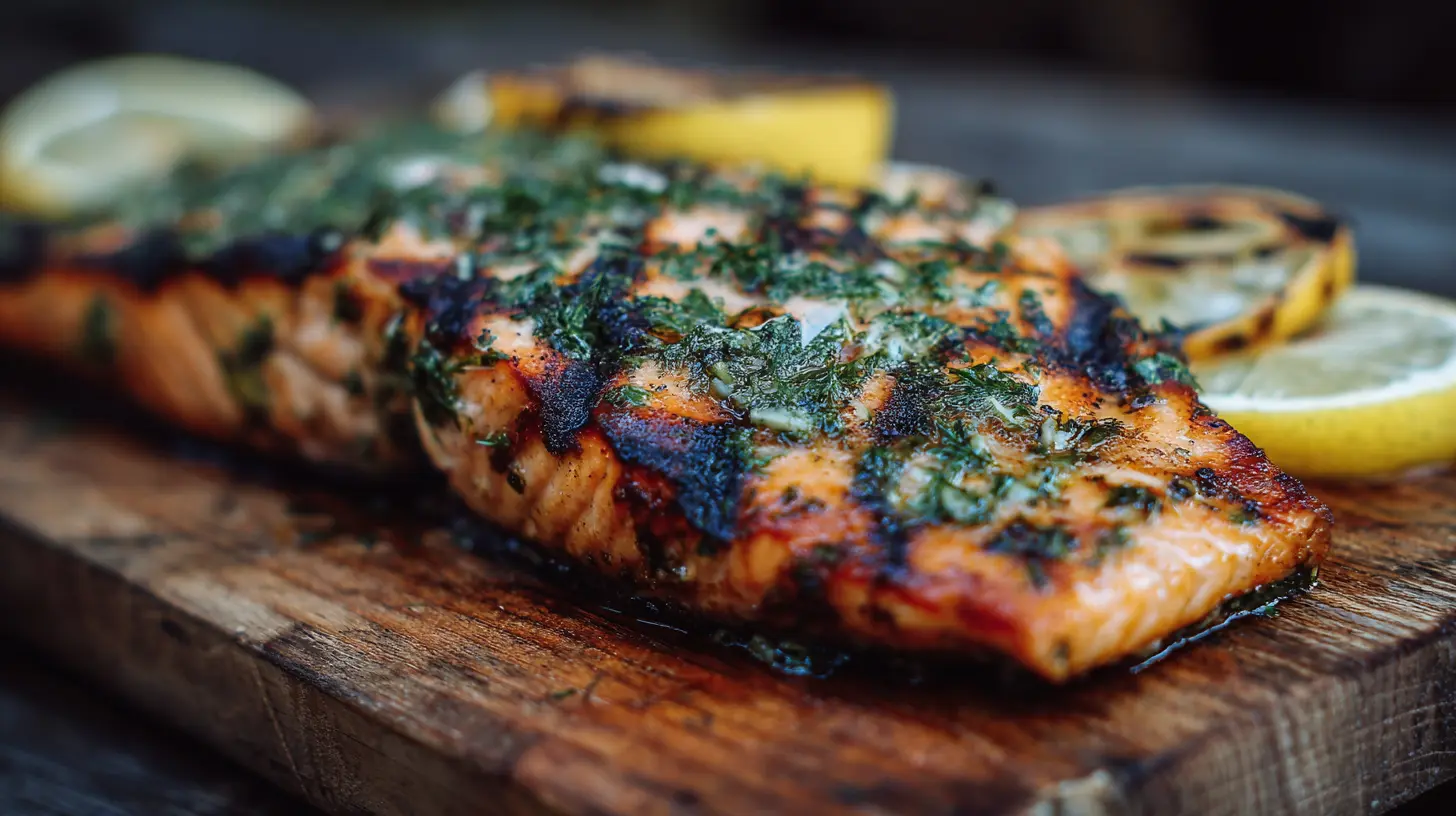 A perfectly grilled salmon fillet seasoned with lemon and herbs