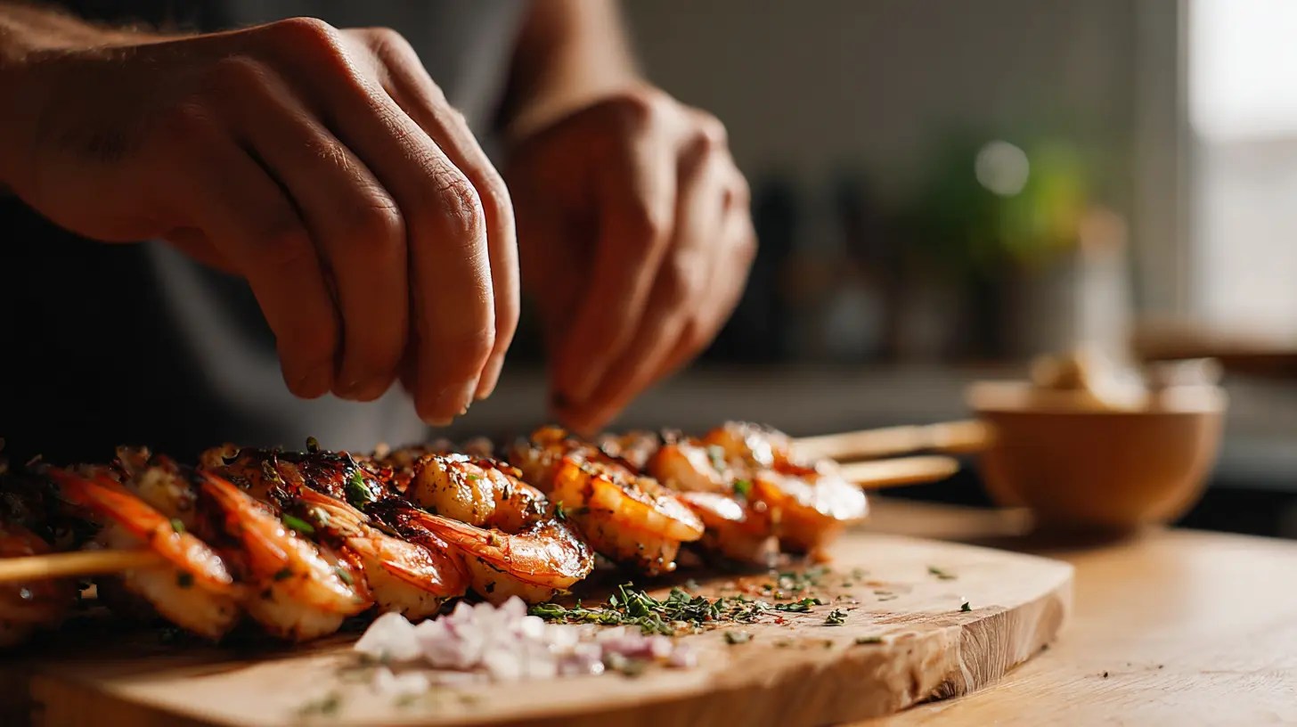 Overcooked shrimp on skewers