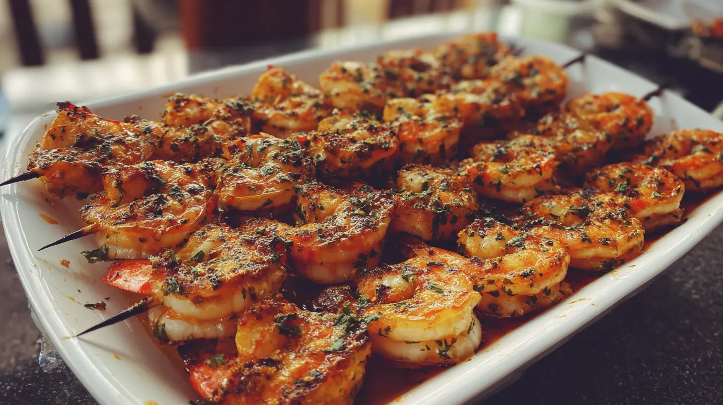 Close-up of shrimp being grilled on skewers