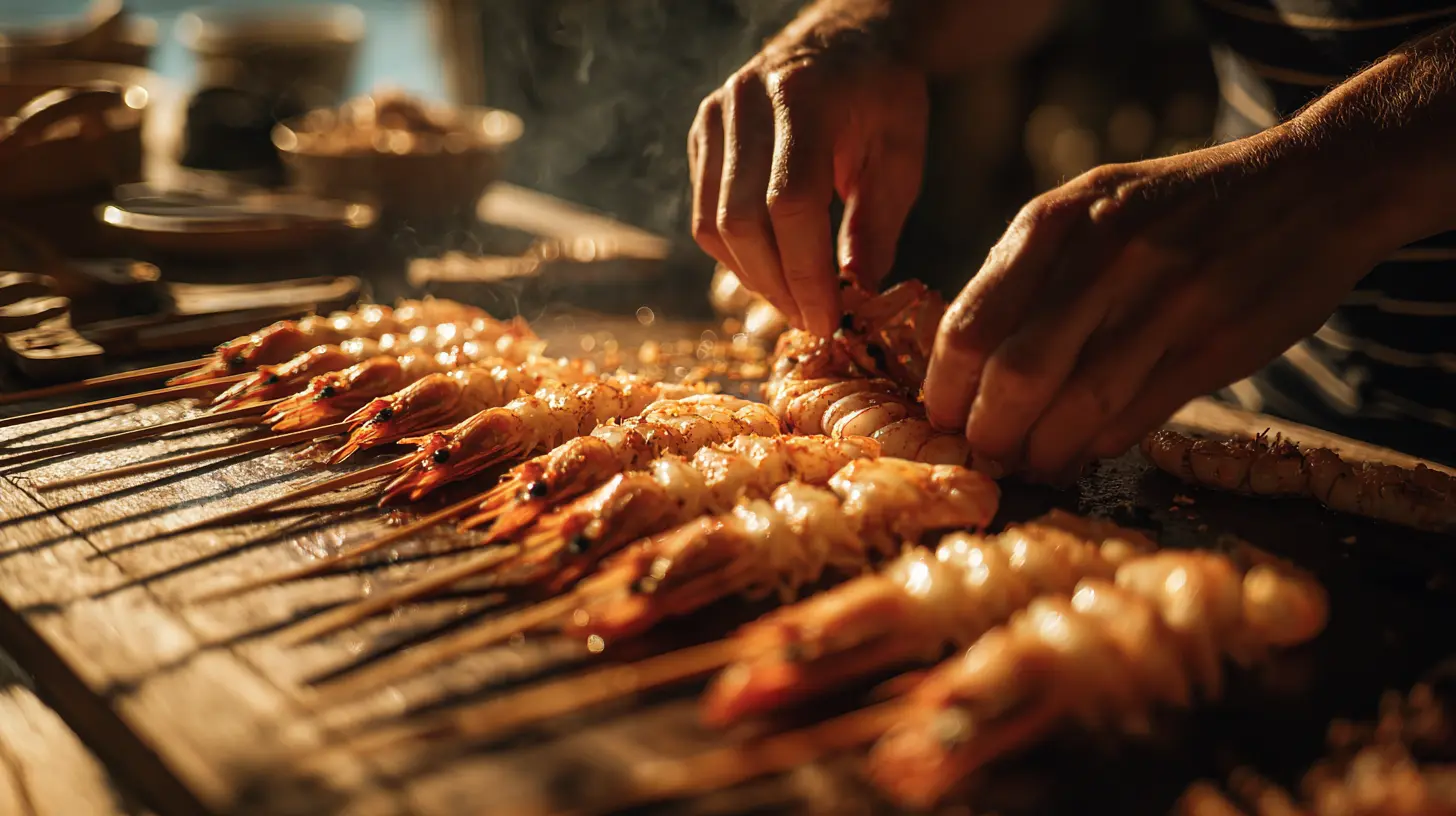 Overcooked shrimp on skewers