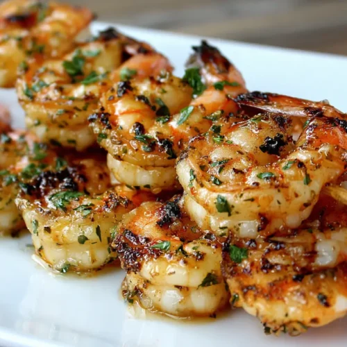 Close-up of juicy grilled shrimp skewers with visible char marks