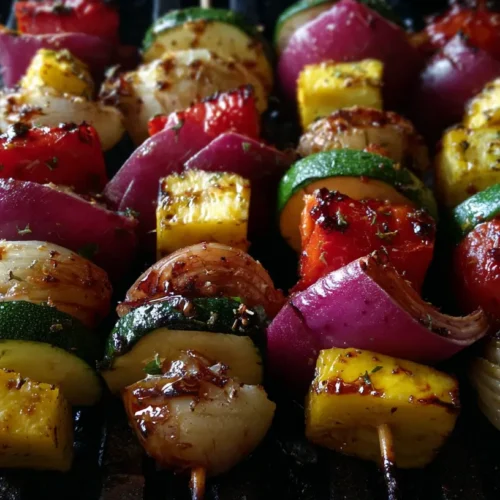 Assorted grilled veggie kabobs with colorful vegetables like bell peppers, zucchini, and cherry tomatoes