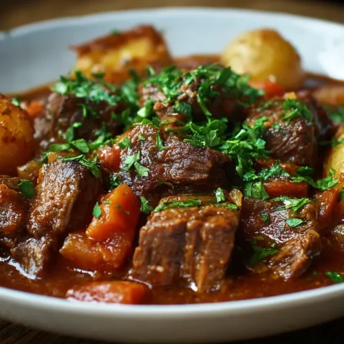 A steaming bowl of hearty beef stew with vegetables