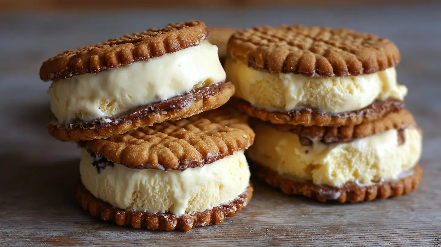 Handmade ice cream sandwiches with chocolate chip cookies and vanilla ice cream