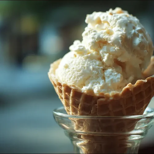 A refreshing scoop of ice cream melting slightly in a bowl.