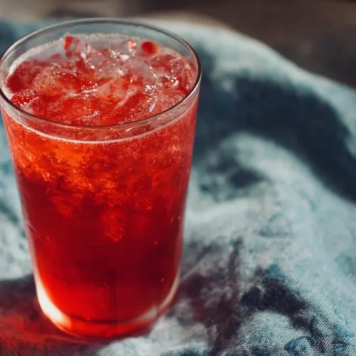 A refreshing glass of Juneteenth strawberry soda, bright red and bubbly.