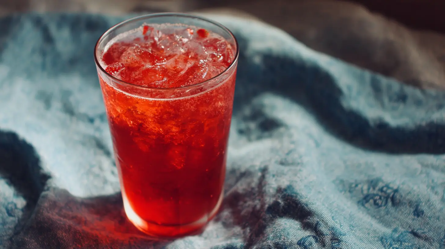 A refreshing glass of Juneteenth strawberry soda, bright red and bubbly.
