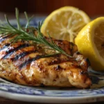 Lemon grilled chicken breasts with char marks on a white plate.