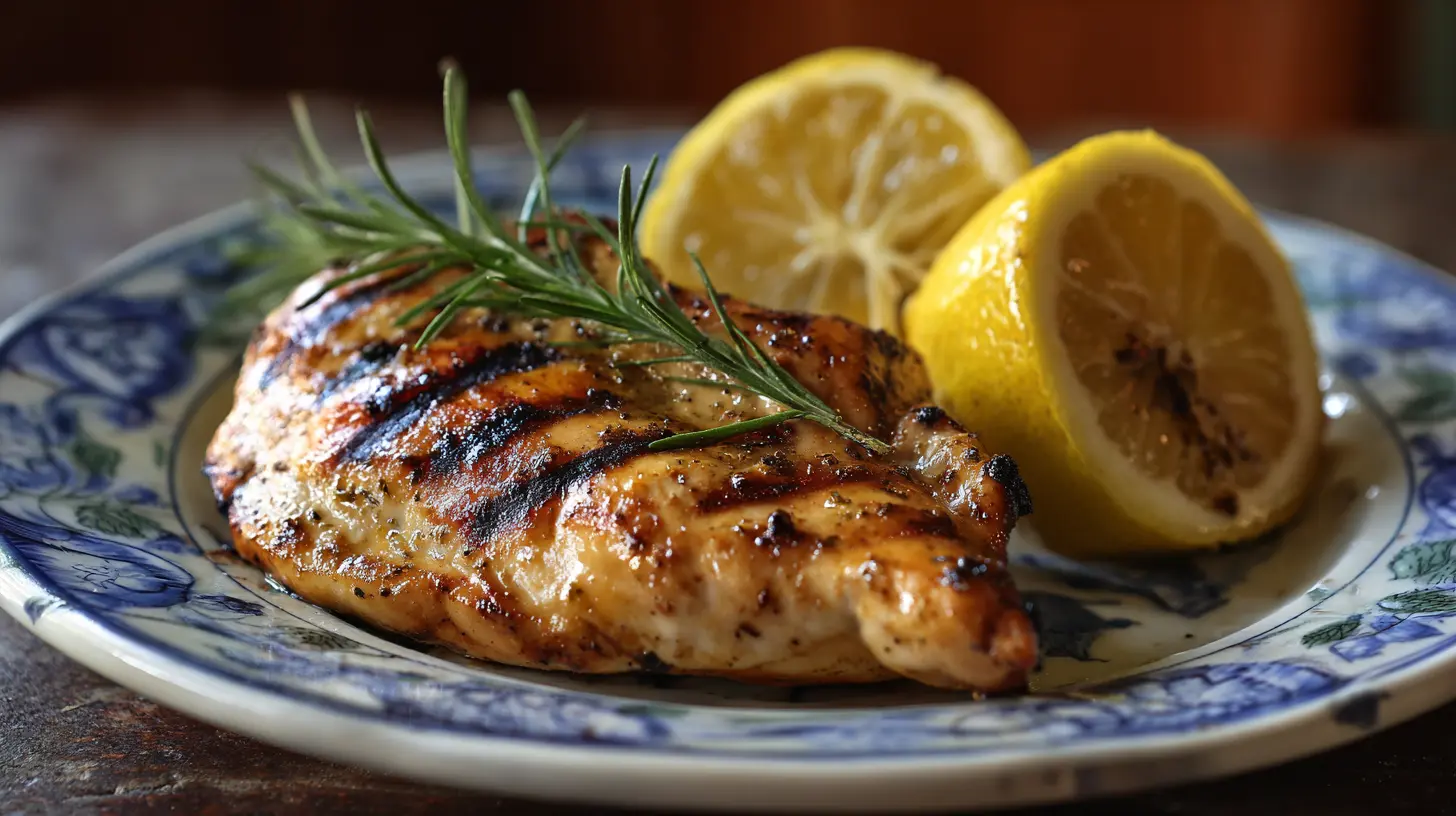 Lemon grilled chicken breasts with char marks on a white plate.