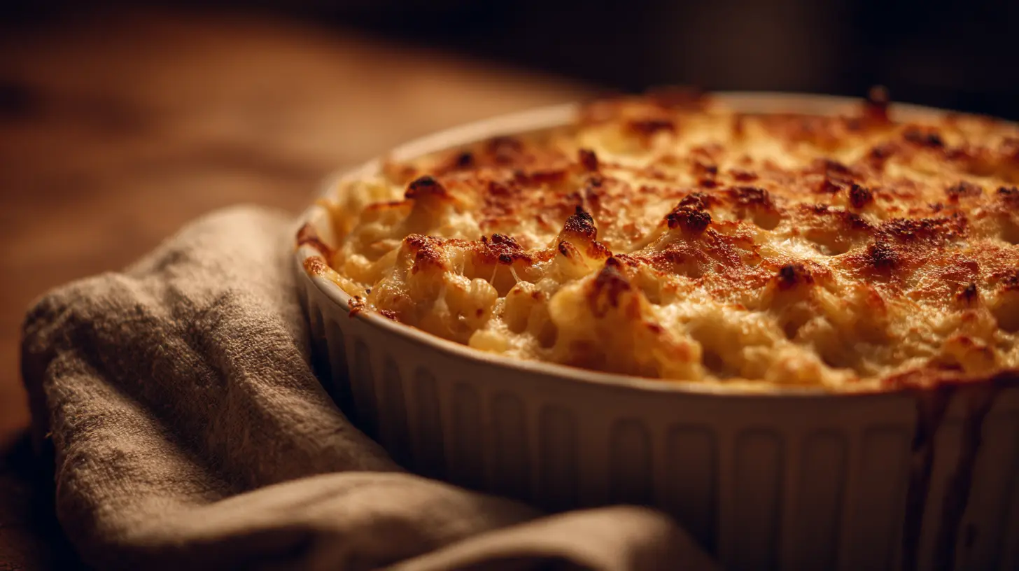 A steaming bowl of classic mac and cheese, rich and golden