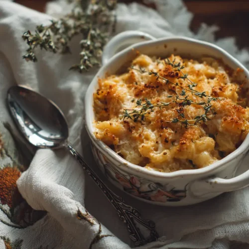 A bubbling skillet of golden mac and cheese, fresh from the oven