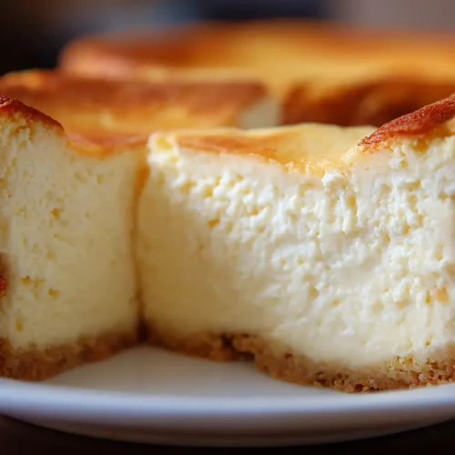 A classic slice of New York Cheesecake on a white plate.