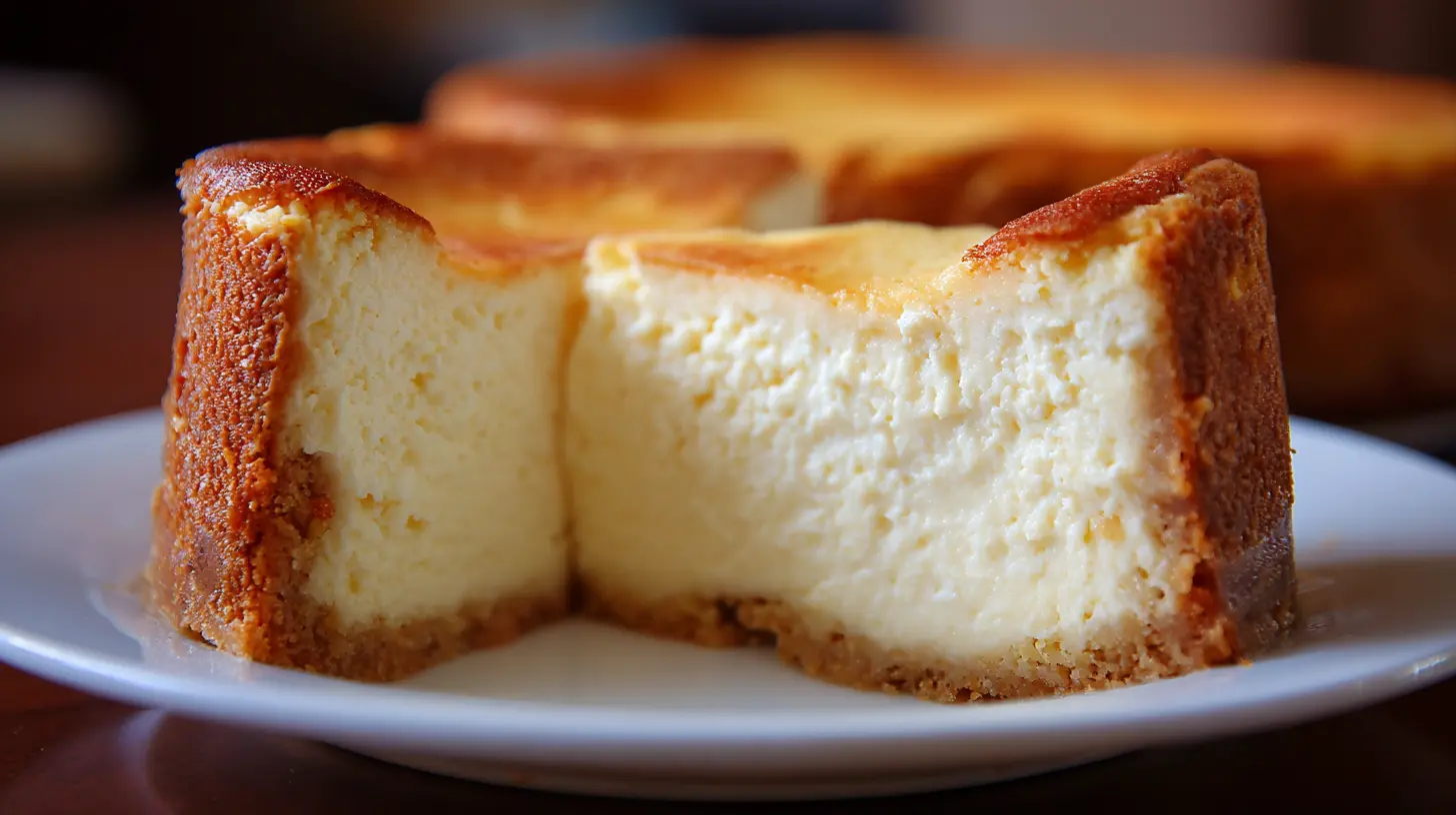 A classic slice of New York Cheesecake on a white plate.