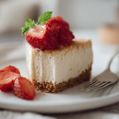 A smooth and creamy no-bake cheesecake garnished with fresh berries.