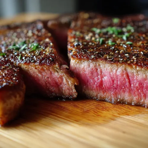 A perfectly cooked pan-seared ribeye steak with a golden-brown crust