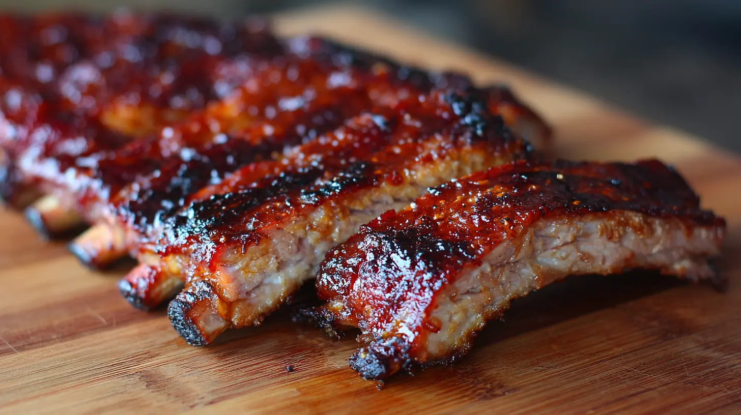 Expertly cooked baby back ribs with a glistening glaze.
