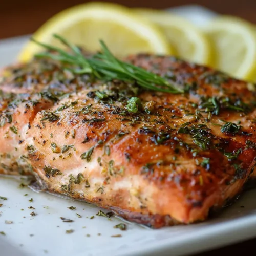 A perfectly cooked baked salmon fillet with crispy skin