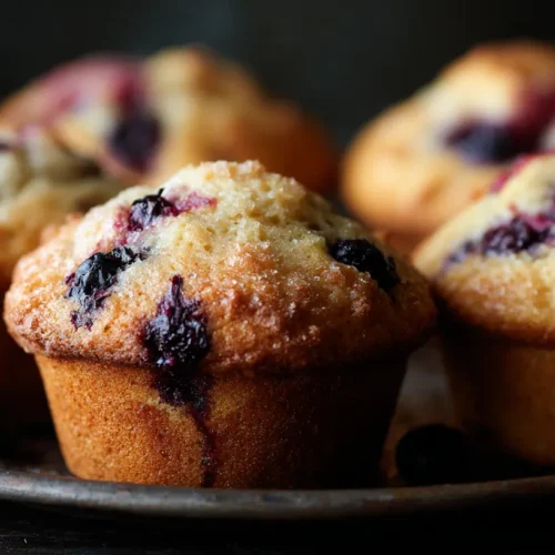 Freshly baked blueberry muffins with golden tops ready to eat