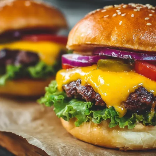 A perfectly cooked cheeseburger with melted cheese and fresh toppings.