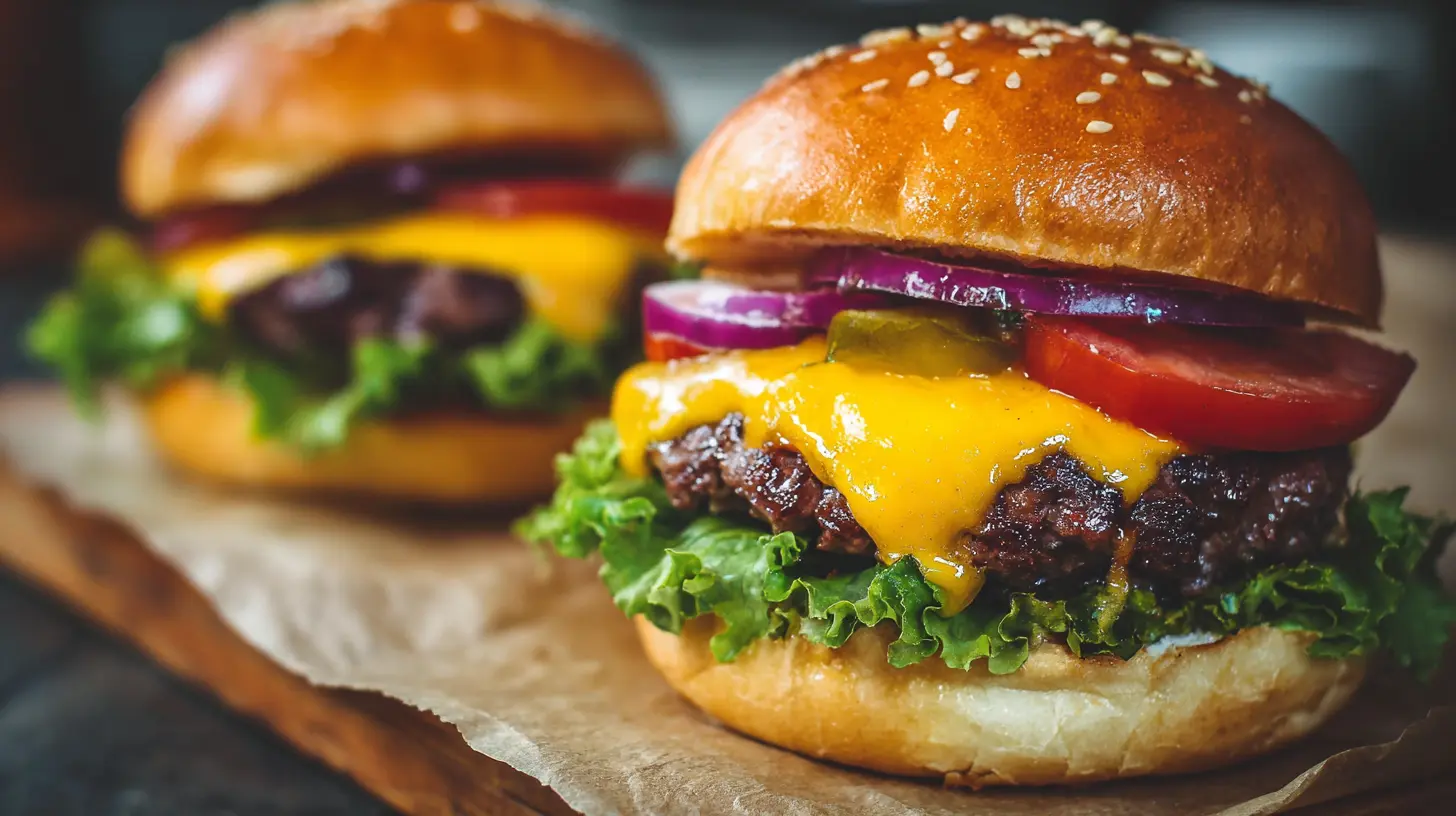 A perfectly cooked cheeseburger with melted cheese and fresh toppings.