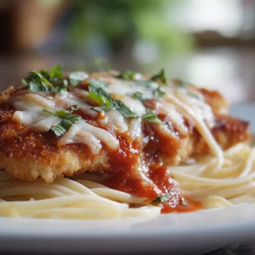 A golden-brown chicken parmesan topped with melted cheese and rich tomato sauce, served on a white plate.