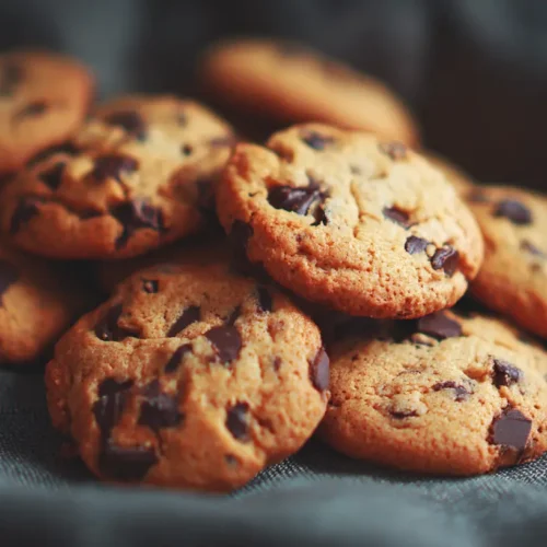 Freshly baked chocolate chip cookies stacked on a cooling rack.